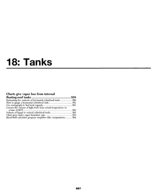 18: Tanks

Charts give vapor loss from internal
floating-roof tanks                                            558
Estimating the contents of horizontal cylindrical tanks        560
How to gauge a horizontal cylindrical tank                     561
Use nomograph to find tank capacity                            561
Correct the volume of light fuels from actual temperature to
  a base of 600F                                               563
Volume of liquid in vertical cylindrical tanks                 563
Chart gives tank's vapor formation rate                        563
Hand-held calculator program simplifies dike computations      564
 