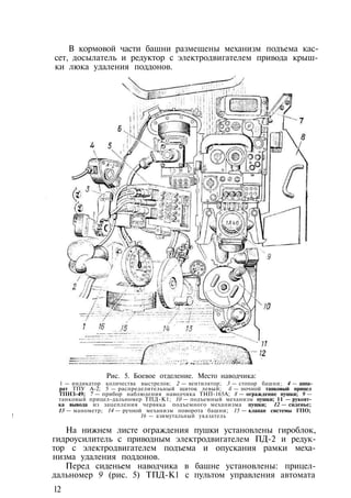 В кормовой части башни размещены механизм подъема кас­
сет, досылатель и редуктор с электродвигателем привода крыш­
ки люка удаления поддонов.
Рис. 5. Боевое отделение. Место наводчика:
1 — индикатор количества выстрелов; 2 — вентилятор; 3 — стопор башни; 4 — аппа­
рат ТПУ А-2; 5 — распределительный щиток левый; б — ночной танковый прицел
ТПНЗ-49; 7 — прибор наблюдения наводчика ТНП-165А; 8 — ограждение пушки; 9 —
танковый прицел-дальномер ТПД-К1; 10 — подъемный механизм пушки; 11 — рукоят-
ка вывода из зацепления червяка подъемного механизма пушки; 12 — сиденье;
13 — манометр; 14 — ручной механизм поворота башни; 15 — клапан системы ГПО;
! 16 — азимутальный указатель
На нижнем листе ограждения пушки установлены гироблок,
гидроусилитель с приводным электродвигателем ПД-2 и редук­
тор с электродвигателем подъема и опускания рамки меха­
низма удаления поддонов.
Перед сиденьем наводчика в башне установлены: прицел-
дальномер 9 (рис. 5) ТПД-К1 с пультом управления автомата
12
 