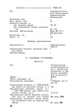 П р и б о р м е х а н и к а-в о д и т е л я ТВНЕ-4Б
Тип Электронно-оптиче­
ский, бинокулярный
перископический,
обогреваемый
Увеличение, крат 1
Поле зрения, град 36
Дальность видения, м:
при подсветке фарой 60—80
при естественной ночной освещенно­
сти До 120
Источник ИК-излучения Фара ФГ-125 с
ИК-фильтром
Количество, шт 2
Масса, кг 4,8
Приборы ориентирования
Курсоуказатель Гирополукомпас
ГПК-59
Азимутальный указатель механизма пово- 1
рота башни
Боковой уровень 1
3.5. СИЛОВАЯ УСТАНОВКА
Двигатель
Тип Четырехтактный,
многотопливный ди­
зель с жидкостным
охлаждением и при­
водным центробеж­
ным нагнетателем
Марка . • .- В-46-6
Число цилиндров, шт 12
Расположение цилиндров V-образное под уг­
лом 60°
Максимальная мощность (п = 2000 об/мин)
при работе на дизельном топливе, л. с. 780
Максимальный крутящий момент (п =
= 1300—1400 об/мин) при работе на ди­
зельном топливе, кгс-м 315±10
Максимальная частота вращения коленча­
того вала на холостом ходу, об/мин Не выше 2300
Минимальная устойчивая частота враще­
ния коленчатого вала на холостом ходу,
об/мин . . , .Не выше 800
2G
 