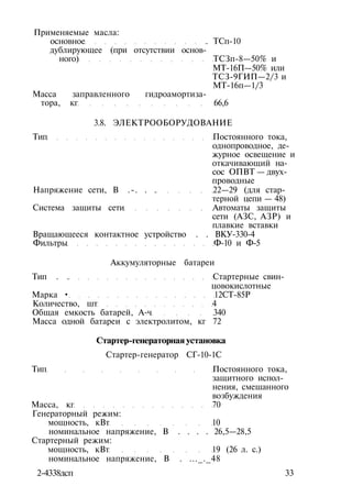 Применяемые масла:
основное . ТСп-10
дублирующее (при отсутствии основ­
ного) ТСЗп-8—50% и
МТ-16П—50% или
ТСЗ-9ГИП—2/3 и
МТ-16п—1/3
Масса заправленного гидроамортиза­
тора, кг 66,6
3.8. ЭЛЕКТРООБОРУДОВАНИЕ
Тип Постоянного тока,
однопроводное, де­
журное освещение и
откачивающий на­
сос ОПВТ — двух­
проводные
Напряжение сети, В .-. . . 22—29 (для стар-
терной цепи — 48)
Система защиты сети Автоматы защиты
сети (АЗС, АЗР) и
плавкие вставки
Вращающееся контактное устройство . . ВКУ-330-4
Фильтры Ф-10 и Ф-5
Аккумуляторные батареи
Тип . . Стартерные свин-
цовокислотные
Марка • 12СТ-85Р
Количество, шт 4
Общая емкость батарей, А-ч 340
Масса одной батареи с электролитом, кг 72
Стартер-генераторная установка
Стартер-генератор СГ-10-1С
Тип Постоянного тока,
защитного испол­
нения, смешанного
возбуждения
Масса, кг 70
Генераторный режим:
мощность, кВт 10
номинальное напряжение, В . . . . 26,5—28,5
Стартерный режим:
мощность, кВт 19 (26 л. с.)
номинальное напряжение, В . ..._._48
2-4338дсп 33
 