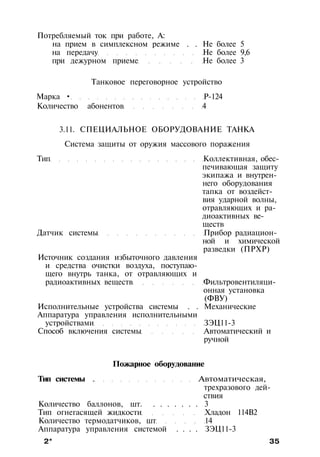 Потребляемый ток при работе, А:
на прием в симплексном режиме . . Не более 5
на передачу Не более 9,6
при дежурном приеме Не более 3
Танковое переговорное устройство
Марка • Р-124
Количество абонентов 4
3.11. СПЕЦИАЛЬНОЕ ОБОРУДОВАНИЕ ТАНКА
Система защиты от оружия массового поражения
Тип Коллективная, обес­
печивающая защиту
экипажа и внутрен­
него оборудования
тапка от воздейст­
вия ударной волны,
отравляющих и ра­
диоактивных ве­
ществ
Датчик системы Прибор радиацион­
ной и химической
разведки (ПРХР)
Источник создания избыточного давления
и средства очистки воздуха, поступаю­
щего внутрь танка, от отравляющих и
радиоактивных веществ Фильтровентиляци-
онная установка
(ФВУ)
Исполнительные устройства системы . . Механические
Аппаратура управления исполнительными
устройствами ЗЭЦ11-3
Способ включения системы Автоматический и
ручной
Пожарное оборудование
Тип системы . Автоматическая,
трехразового дей­
ствия
Количество баллонов, шт. . . . . . . . 3
Тип огнегасящей жидкости Хладон 114В2
Количество термодатчиков, шт 14
Аппаратура управления системой . . . . ЗЭЦ11-3
2* 35
 