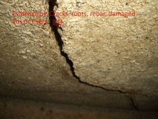Evidence of: Cracks, roots, rebar, damaged
lids or risers. 8 N
 