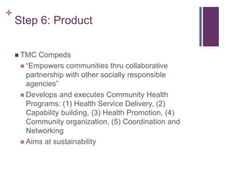 +
Step 6: Product
 TMC Compeds
 “Empowers communities thru collaborative
partnership with other socially responsible
agencies”
 Develops and executes Community Health
Programs: (1) Health Service Delivery, (2)
Capability building, (3) Health Promotion, (4)
Community organization, (5) Coordination and
Networking
 Aims at sustainability
 