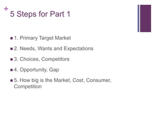 +
5 Steps for Part 1
 1. Primary Target Market
 2. Needs, Wants and Expectations
 3. Choices, Competitors
 4. Opportunity, Gap
 5. How big is the Market, Cost, Consumer,
Competition
 