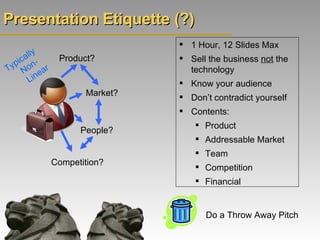 Presentation Etiquette (?) Product? Market? People? Competition? Typically Non-Linear <ul><li>1 Hour, 12 Slides Max </li><...