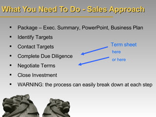 What You Need To Do - Sales Approach <ul><ul><li>Package – Exec. Summary, PowerPoint, Business Plan </li></ul></ul><ul><ul...