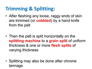 Trimming & Splitting:
• After fleshing any loose, raggy ends of skin
are trimmed (or cobbled) by a hand knife
from the pelt
• Then the pelt is split horizontally on the
splitting machine to a grain split of uniform
thickness & one or more flesh splits of
varying thickness
• Splitting may also be done after chrome
tannage
 