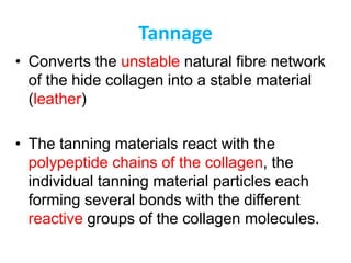 Tannage
• Converts the unstable natural fibre network
of the hide collagen into a stable material
(leather)
• The tanning materials react with the
polypeptide chains of the collagen, the
individual tanning material particles each
forming several bonds with the different
reactive groups of the collagen molecules.
 