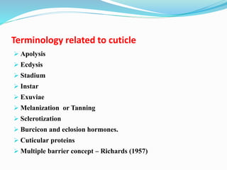 Terminology related to cuticle
 Apolysis
 Ecdysis
 Stadium
 Instar
 Exuviae
 Melanization or Tanning
 Sclerotization
 Burcicon and eclosion hormones.
 Cuticular proteins
 Multiple barrier concept – Richards (1957)
 