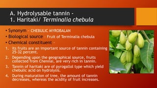 A. Hydrolysable tannin -
1. Haritaki/ Terminalia chebula
• Synonym – CHEBULIC MYROBALAN
• Biological source – Fruit of Terminalia chebula
• Chemical constituent –
1. its fruits are an important source of tannin containing
25-32 percent.
2. Depending upon the geographical source, fruits
collected from Chennai, are very rich in tannin.
3. Tannin of haritaki are of pyrogallol type which yield
chebulic acid on hydrolysis.
4. During maturation of tree, the amount of tannin
decreases, whereas the acidity of fruit increases.
 
