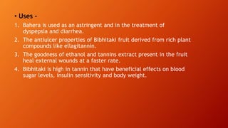 • Uses –
1. Bahera is used as an astringent and in the treatment of
dyspepsia and diarrhea.
2. The antiulcer properties of Bibhitaki fruit derived from rich plant
compounds like ellagitannin.
3. The goodness of ethanol and tannins extract present in the fruit
heal external wounds at a faster rate.
4. Bibhitaki is high in tannin that have beneficial effects on blood
sugar levels, insulin sensitivity and body weight.
 