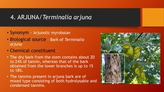 4. ARJUNA/Terminalia arjuna
• Synonym – Arjunolic myrobalan
• Biological source – Bark of Terminalia
arjuna
• Chemical constituent –
• The dry bark from the stem contains about 20
to 24% of tannin, whereas that of the bark
obtained from the lower branches is up to 15
to 18%.
• The tannins present in arjuna bark are of
mixed type consisting of both hydrolysable and
condensed tannins.
 