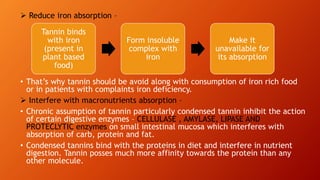  Reduce iron absorption –
• That’s why tannin should be avoid along with consumption of iron rich food
or in patients with complaints iron deficiency.
 Interfere with macronutrients absorption –
• Chronic assumption of tannin particularly condensed tannin inhibit the action
of certain digestive enzymes – CELLULASE , AMYLASE, LIPASE AND
PROTECLYTIC enzymes on small intestinal mucosa which interferes with
absorption of carb, protein and fat.
• Condensed tannins bind with the proteins in diet and interfere in nutrient
digestion. Tannin posses much more affinity towards the protein than any
other molecule.
Tannin binds
with iron
(present in
plant based
food)
Form insoluble
complex with
iron
Make it
unavailable for
its absorption
 