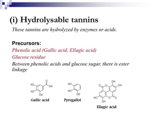 (i) Hydrolysable tannins
These tannins are hydrolyzed by enzymes or acids.
Precursors:
Phenolic acid (Gallic acid, Ellagic acid)
Glucose residue
Between phenolic acids and glucose sugar, there is ester
linkage
 