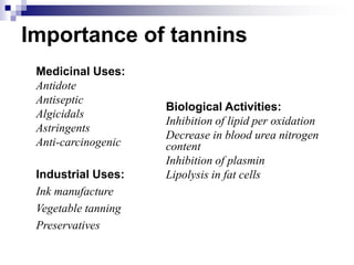 Importance of tannins
Medicinal Uses:
Antidote
Antiseptic
Algicidals
Astringents
Anti-carcinogenic
Industrial Uses:
Ink manufacture
Vegetable tanning
Preservatives
Biological Activities:
Inhibition of lipid per oxidation
Decrease in blood urea nitrogen
content
Inhibition of plasmin
Lipolysis in fat cells
 