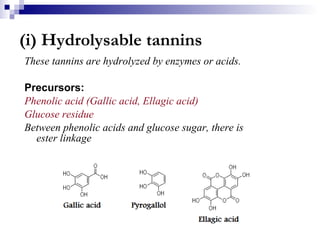 (i) Hydrolysable tannins These tannins are hydrolyzed by enzymes or acids. Precursors: Phenolic acid (Gallic acid, Ellagic acid) Glucose residue Between phenolic acids and glucose sugar, there is ester linkage 