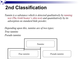 2nd Classification Tannin is a substance which is detected qualitatively by  tanning test (The Gold beater’s skin test)  and quantitatively by its adsorption on standard hide powder. Depending upon this, tannins are of two types; True tannins Pseudo tannins Tannins True tannins Pseudo tannins 