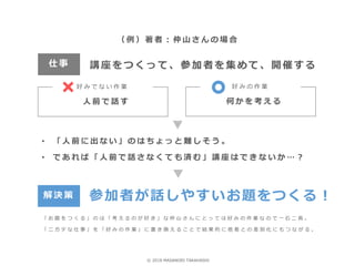 （ 例 ） 著 者 ： 仲 山 さ ん の 場 合
講座をつくって、参加者を集めて、開催する仕 事
好 み で な い 作 業
人 前 で 話 す
好 み の 作 業
何 か を 考 え る
• 「 人 前 に 出 な い 」 の は ち ょ っ と 難 し そ う 。
• で あ れ ば 「 人 前 で 話 さ な く て も 済 む 」 講 座 は で き な い か … ？
参加者が話しやすいお題をつくる！解 決 策
「 お 題 を つ く る 」 の は 「 考 え る の が 好 き 」 な 仲 山 さ ん に と っ て は 好 み の 作 業 な の で 一 石 二 鳥 。
「 ニ ガ テ な 仕 事 」 を 「 好 み の 作 業 」 に 置 き 換 え る こ と で 結 果 的 に 他 者 と の 差 別 化 に も つ な が る 。
© 2018 MASANORI TAKAHASHI
 