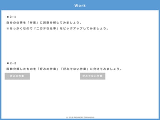 ■ 2 - 1
自 分 の 仕 事 を 「 作 業 」 に 因 数 分 解 し て み ま し ょ う 。
※ せ っ か く な の で 「 ニ ガ テ な 仕 事 」 を ピ ッ ク ア ッ プ し て み ま し ょ う 。
Wo r k
■ 2 - 2
因 数 分 解 し た も の を 「 好 み の 作 業 」 「 好 み で な い 作 業 」 に 分 け て み ま し ょ う 。
好 み の 作 業 好 み で な い 作 業
© 2018 MASANORI TAKAHASHI
 