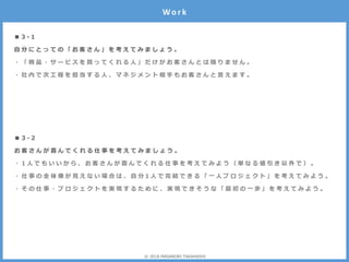 ■ 3 - 1
自 分 に と っ て の 「 お 客 さ ん 」 を 考 え て み ま し ょ う 。
・ 「 商 品 ・ サ ー ビ ス を 買 っ て く れ る 人 」 だ け が お 客 さ ん と は 限 り ま せ ん 。
・ 社 内 で 次 工 程 を 担 当 す る 人 、 マ ネ ジ メ ン ト 相 手 も お 客 さ ん と 言 え ま す 。
Wo r k
■ 3 - 2
お 客 さ ん が 喜 ん で く れ る 仕 事 を 考 え て み ま し ょ う 。
・ 1 人 で も い い か ら 、 お 客 さ ん が 喜 ん で く れ る 仕 事 を 考 え て み よ う （ 単 な る 値 引 き 以 外 で ） 。
・ 仕 事 の 全 体 像 が 見 え な い 場 合 は 、 自 分 1 人 で 完 結 で き る 「 一 人 プ ロ ジ ェ ク ト 」 を 考 え て み よ う 。
・ そ の 仕 事 ・ プ ロ ジ ェ ク ト を 実 現 す る た め に 、 実 現 で き そ う な 「 最 初 の 一 歩 」 を 考 え て み よ う 。
© 2018 MASANORI TAKAHASHI
 