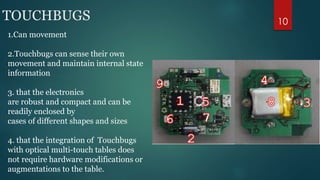 TOUCHBUGS 
1.Can movement 
2.Touchbugs can sense their own 
movement and maintain internal state 
information 
3. that the electronics 
are robust and compact and can be 
readily enclosed by 
cases of different shapes and sizes 
4. that the integration of Touchbugs 
with optical multi-touch tables does 
not require hardware modifications or 
augmentations to the table. 
10 
 