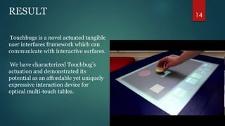RESULT 
Touchbugs is a novel actuated tangible 
user interfaces framework which can 
communicate with interactive surfaces. 
We have characterized Touchbug’s 
actuation and demonstrated its 
potential as an affordable yet uniquely 
expressive interaction device for 
optical multi-touch tables. 
14 
