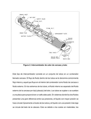 Este tipo de intercambiador consiste en un conjunto de tubos en un contenedor
llamado carcaza. El flujo de fluido dentro de los tubos se le denomina comúnmente
flujo interno y aquel que fluye en el interior del contenedor como fluido de carcaza o
fluido externo. En los extremos de los tubos, el fluido interno es separado del fluido
externo de la carcasa por la(s) placa(s) del tubo. Los tubos se sujetan o se sueldan
a una placa para proporcionan un sello adecuado. En sistemas donde los dos fluidos
presentan una gran diferencia entre sus presiones, el líquido con mayor presión se
hace circular típicamente a través de los tubos y el líquido con una presión más baja
se circula del lado de la cáscara. Esto es debido a los costos en materiales, los
Figura 2: Intercambiador de calor de carcaza y tubo
 