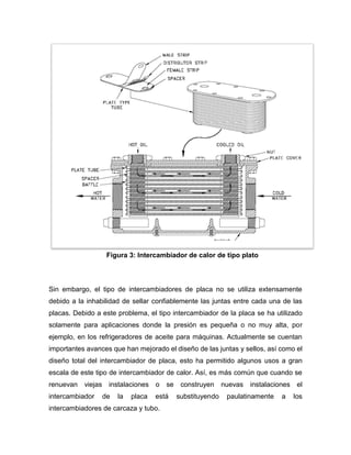 Sin embargo, el tipo de intercambiadores de placa no se utiliza extensamente
debido a la inhabilidad de sellar confiablemente las juntas entre cada una de las
placas. Debido a este problema, el tipo intercambiador de la placa se ha utilizado
solamente para aplicaciones donde la presión es pequeña o no muy alta, por
ejemplo, en los refrigeradores de aceite para máquinas. Actualmente se cuentan
importantes avances que han mejorado el diseño de las juntas y sellos, así como el
diseño total del intercambiador de placa, esto ha permitido algunos usos a gran
escala de este tipo de intercambiador de calor. Así, es más común que cuando se
renuevan viejas instalaciones o se construyen nuevas instalaciones el
intercambiador de la placa está substituyendo paulatinamente a los
intercambiadores de carcaza y tubo.
Figura 3: Intercambiador de calor de tipo plato
 
