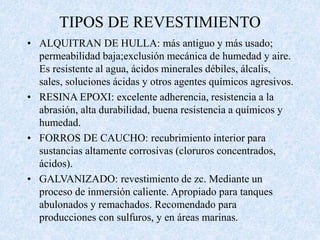 TIPOS DE REVESTIMIENTO
• ALQUITRAN DE HULLA: más antiguo y más usado;
permeabilidad baja;exclusión mecánica de humedad y a...