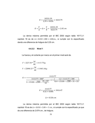 𝐾=

𝐾=

10331.39
= 4223.79
2.39 + 0.056

𝑉
𝑉
10331.39
=∆= =
= 2.45 𝑐𝑚
∆
𝐾
4223.79

La deriva máxima permitida por el IBC 2003 según tabla 1617.3.1
capítulo 16 es de ∆ = 0.010 ∗ 280 = 2.80𝑐𝑚., si cumple con lo especificado
dando una diferencia de holgura de 0.35 cm.

4.4.2.2

Nivel 1

La fuerza y el cortante por marco en el primer nivel será de.

F  2227.54 *

2K
 1113.77kg
4K

V  22890.32 *

𝐾=

2K
 11445.16kg
4K

1113.77
1113.77 ∗

3003

3 ∗ 15100 ∗ 280 ∗

353

35 ∗
12

𝐾=

+2∗

1.2 ∗ 1113.77 ∗ 300
0.4 ∗ 15100 ∗ 280 ∗ 35 ∗ 35

1113.77
= 3416.47
0.32 + 0.006
∆ = 0.326 𝑐𝑚

La deriva máxima permitida por el IBC 2003 según tabla 1617.3.1
capítulo 16 es de ∆ = 0.010 ∗ 3.00 = 3 𝑐𝑚., si cumple con lo especificado ya que
da una diferencia de 2.674 cm., de holgura.
59

 