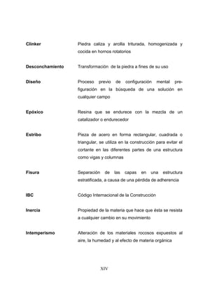Clinker

Piedra caliza y arcilla triturada, homogenizada y
cocida en hornos rotatorios

Desconchamiento

Transformación de la piedra a fines de su uso

Diseño

Proceso

previo

de

configuración

mental

pre-

figuración en la búsqueda de una solución en
cualquier campo

Epóxico

Resina que se endurece con la mezcla de un
catalizador o endurecedor

Estribo

Pieza de acero en forma rectangular, cuadrada o
triangular, se utiliza en la construcción para evitar el
cortante en las diferentes partes de una estructura
como vigas y columnas

Fisura

Separación

de

las

capas

en

una

estructura

estratificada, a causa de una pérdida de adherencia

IBC

Código Internacional de la Construcción

Inercia

Propiedad de la materia que hace que ésta se resista
a cualquier cambio en su movimiento

Intemperismo

Alteración de los materiales rocosos expuestos al
aire, la humedad y al efecto de materia orgánica

XIV

 