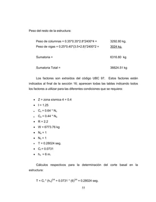 Peso del resto de la estructura:

Peso de columnas = 0.35*0.35*2.8*2400*4 =

3292.80 kg.

Peso de vigas = 0.25*0.40*(3.5+2.8)*2400*2 =

3024 kg.

Sumatoria =

6316.80 kg

Sumatoria Total =

36624.51 kg

Los factores son extraídos del código UBC 97.

Estos factores están

indicados al final de la sección 16; aparecen todas las tablas indicando todos
los factores a utilizar para las diferentes condiciones que se requiera:


Z = zona sísmica 4 = 0.4



I = 1.25



Cv = 0.64 * Nv



Ca = 0.44 * Na



R = 2.2



W = 6773.76 kg



Na = 1



Nv = 1



T = 0.28024 seg.



Ct = 0.0731



hn = 6 m.
Cálculos respectivos para la determinación del corte basal en la

estructura:
T = Ct * (hn)3/4 = 0.0731 * (6)3/4 = 0.28024 seg.
55

 