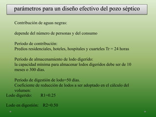 parámetros para un diseño efectivo del pozo séptico
Contribución de aguas negras:
depende del número de personas y del consumo
Período de contribución:
Predios residenciales, hoteles, hospitales y cuarteles Tr = 24 horas
Período de almacenamiento de lodo digerido:
la capacidad mínima para almacenar lodos digeridos debe ser de 10
meses o 300 días.
Período de digestión de lodo=50 días.
Coeficiente de reducción de lodos a ser adoptado en el cálculo del
volumen:
Lodo digerido: R1=0.25
Lodo en digestión: R2=0.50
 