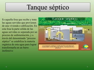 Es aquella fosa que recibe y trata
las aguas servidas que provienen
de una vivienda o edificación. En
esta fosa la parte sólida de las
aguas servidas es separada por un
proceso de sedimentación, y a
través del denominado “proceso
séptico” se estabiliza la materia
orgánica de esta agua para lograr
transformarla en un barro
inofensivo
Tanque séptico
 
