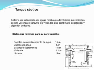 Distancias mínimas para su construcción:
Fuentes de abastecimiento de agua 15 m
Cuerpo de agua 5 m
Estanque subterráneo 1.5 m
Vivienda 1.1 m
Lindero 5 m
Sistema de tratamiento de aguas residuales domésticas provenientes
de una vivienda o conjunto de viviendas que combina la separación y
digestión de lodos.
Tanque séptico
 
