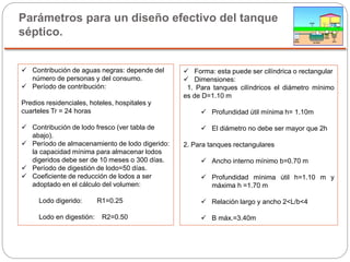 Parámetros para un diseño efectivo del tanque
séptico.
 Contribución de aguas negras: depende del
número de personas y del consumo.
 Período de contribución:
Predios residenciales, hoteles, hospitales y
cuarteles Tr = 24 horas
 Contribución de lodo fresco (ver tabla de
abajo).
 Período de almacenamiento de lodo digerido:
la capacidad mínima para almacenar lodos
digeridos debe ser de 10 meses o 300 días.
 Período de digestión de lodo=50 días.
 Coeficiente de reducción de lodos a ser
adoptado en el cálculo del volumen:
Lodo digerido: R1=0.25
Lodo en digestión: R2=0.50
 Forma: esta puede ser cilíndrica o rectangular
 Dimensiones:
1. Para tanques cilíndricos el diámetro mínimo
es de D=1.10 m
 Profundidad útil mínima h= 1.10m
 El diámetro no debe ser mayor que 2h
2. Para tanques rectangulares
 Ancho interno mínimo b=0.70 m
 Profundidad mínima útil h=1.10 m y
máxima h =1.70 m
 Relación largo y ancho 2<L/b<4
 B máx.=3.40m
 