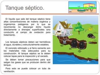 Tanque séptico.
El líquido que sale del tanque séptico tiene
altas concentraciones de materia orgánica y
organismos patógenos por lo que se
recomienda no descargar dicho líquido
directamente a drenajes superficiales sino
conducirlo al campo de oxidación para
tratamiento.
Los tanques sépticos deben ser herméticos
al agua, durables y estructuralmente estables.
El concreto reforzado y el ferro cemento son
los materiales más adecuados para su
construcción. Al tanque séptico se le deben
colocar tapas para la inspección y el vaciado.
Se deben tomar precauciones para que
salgan los gases que se producen dentro del
tanque.
Para esto se puede colocar un tubo de
ventilación.
 