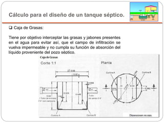 Cálculo para el diseño de un tanque séptico.
 Caja de Grasas:
Tiene por objetivo interceptar las grasas y jabones presentes
en el agua para evitar así, que el campo de infiltración se
vuelva impermeable y no cumpla su función de absorción del
líquido proveniente del pozo séptico.
 