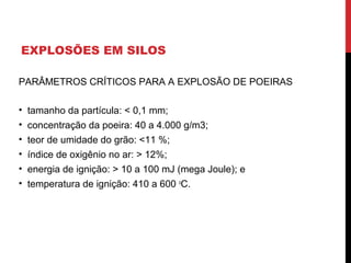 EXPLOSÕES EM SILOS
PARÂMETROS CRÍTICOS PARA A EXPLOSÃO DE POEIRAS
• tamanho da partícula: < 0,1 mm;
• concentração da poeira: 40 a 4.000 g/m3;
• teor de umidade do grão: <11 %;
• índice de oxigênio no ar: > 12%;
• energia de ignição: > 10 a 100 mJ (mega Joule); e
• temperatura de ignição: 410 a 600 o
C.
 