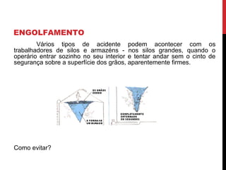 ENGOLFAMENTO
Vários tipos de acidente podem acontecer com os
trabalhadores de silos e armazéns - nos silos grandes, quando o
operário entrar sozinho no seu interior e tentar andar sem o cinto de
segurança sobre a superfície dos grãos, aparentemente firmes.
Como evitar?
 