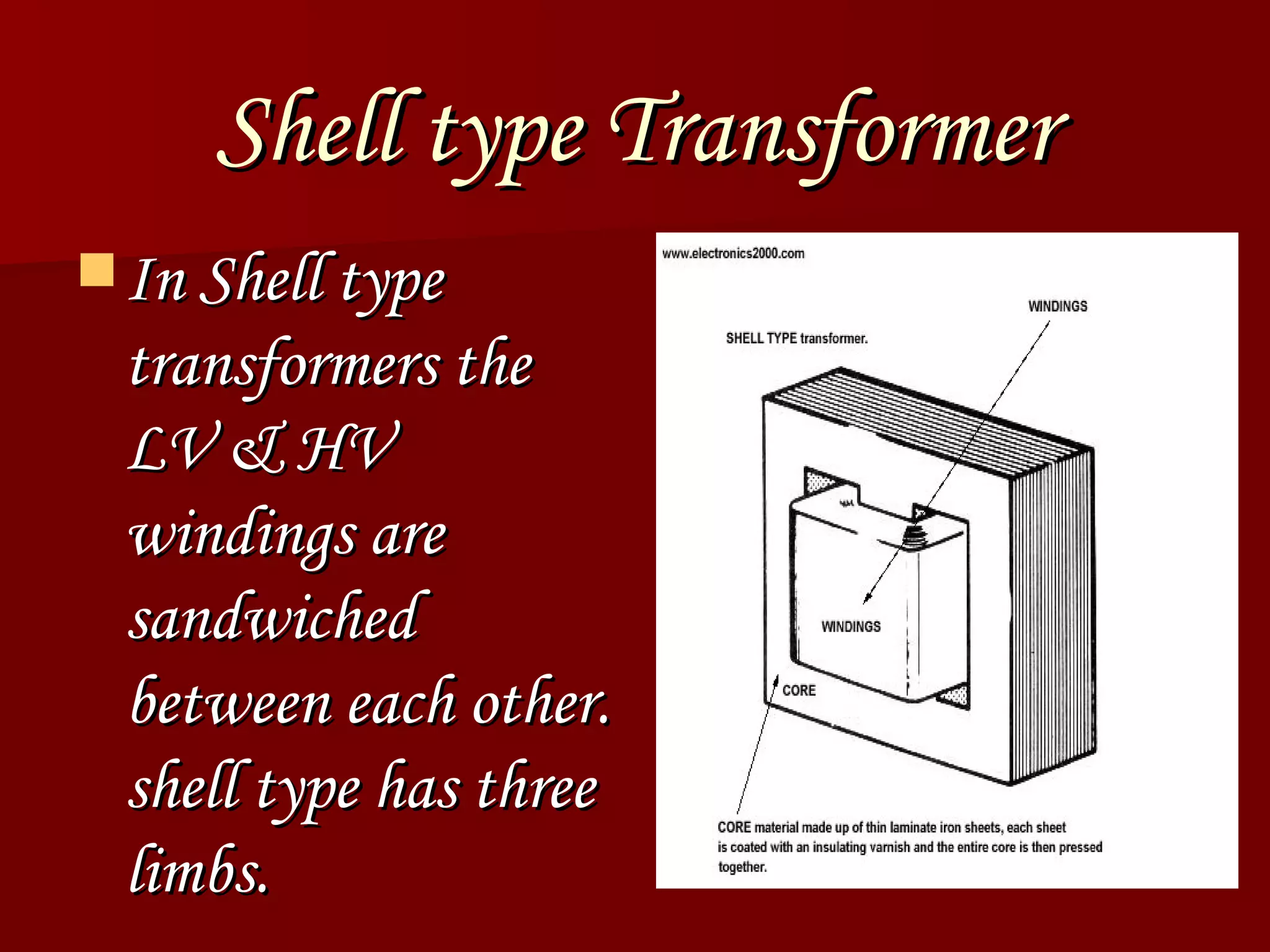 Shell type Transformer In Shell type transformers the LV & HV windings are sandwiched between each other. shell type has three limbs.  