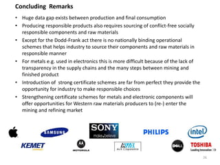 26
• Huge data gap exists between production and final consumption
• Producing responsible products also requires sourcing of conflict-free socially
responsible components and raw materials
• Except for the Dodd-Frank act there is no nationally binding operational
schemes that helps industry to source their components and raw materials in
responsible manner
• For metals e.g. used in electronics this is more difficult because of the lack of
transparency in the supply chains and the many steps between mining and
finished product
• Introduction of strong certificate schemes are far from perfect they provide the
opportunity for industry to make responsible choices
• Strengthening certificate schemes for metals and electronic components will
offer opportunities for Western raw materials producers to (re-) enter the
mining and refining market
Concluding Remarks
 