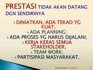  DINIATKAN,    ADA TEKAD YG
                 KUAT;
           ADA PLANNING;
 ADA PROSES YG HARUS DIJALANI;
        KERJA KERAS SEMUA
            STAKEHOLDER;
             TEAM WORK;
    PARTISIPASI MASYARAKAT.

                  KARAKTER BANGSA   05 JULI 2011   19
 