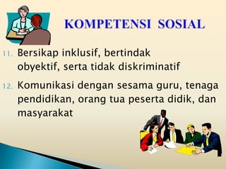 11.   Bersikap inklusif, bertindak
      obyektif, serta tidak diskriminatif
12.   Komunikasi dengan sesama guru, tenaga
      pendidikan, orang tua peserta didik, dan
      masyarakat
 