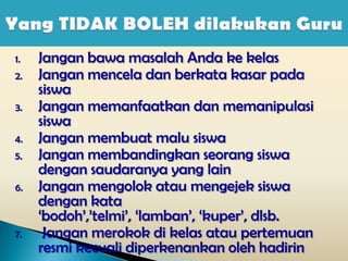 1.   Jangan bawa masalah Anda ke kelas
2.   Jangan mencela dan berkata kasar pada
     siswa
3.   Jangan memanfaatkan dan memanipulasi
     siswa
4.   Jangan membuat malu siswa
5.   Jangan membandingkan seorang siswa
     dengan saudaranya yang lain
6.   Jangan mengolok atau mengejek siswa
     dengan kata
     ‘bodoh’,’telmi’, ‘lamban’, ‘kuper’, dlsb.
7.    Jangan merokok di kelas atau pertemuan
     resmi kecuali diperkenankan oleh hadirin
 