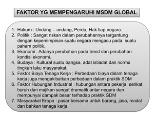 FAKTOR YG MEMPENGARUHI MSDM GLOBAL 
1. Hukum : Undang – undang, Perda, Hak tiap negara. 
2. Politik : Sangat riskan dalam perubahannya tergantung 
dengan kepemimpinan suatu negara mengacu pada suatu 
paham politik. 
3. Ekonomi : Adanya perubahan pada trend dan perubahan 
kondisi ekonomi. 
4. Budaya : Kultural suatu bangsa, adat istiadat dan norma 
tingkah laku masyarakat. 
5. Faktor Biaya Tenaga Kerja : Perbedaan biaya dalam tenaga 
kerja juga mengakibatkan perbedaan dalam praktik SDM 
6. Faktor Hubungan Industrial : hubungan antara pekerja, serikat 
buruh dan majikan sangat dramatik antar negara dan 
mempunyai dampak besar terhadap praktik SDM 
7. Masyarakat Eropa : pasar bersama untuk barang, jasa, modal 
dan bahkan tenaga kerja 
 