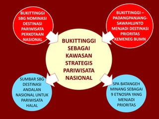 BUKITTINGGI
SEBAGAI
KAWASAN
STRATEGIS
PARIWISATA
NASIONALSUMBAR SBG
DESTINASI
ANDALAN
NASIONAL UNTUK
PARIWISATA
HALAL
SPA BATANGEH
MINANG SEBAGAI
9 ETNOSPA YANG
MENJADI
PRIORITAS
BUKITTINGGI
SBG NOMINASI
DESTINASI
PARIWISATA
PERKOTAAN
NASIONAL
BUKITTINGGI –
PADANGPANJANG-
SAWAHLUNTO
MENJADI DESTINASI
PRIORITAS
KEMENEG BUMN
 