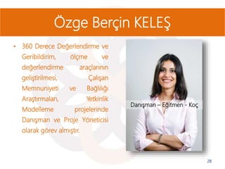 • 360 Derece Değerlendirme ve
Geribildirim, ölçme ve
değerlendirme araçlarının
geliştirilmesi, Çalışan
Memnuniyeti ve Bağlılığı
Araştırmaları, Yetkinlik
Modelleme projelerinde
Danışman ve Proje Yöneticisi
olarak görev almıştır.
28
Özge Berçin KELEŞ
Danışman – Eğitmen - Koç
 