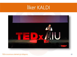 22
İlker KALDI
TEDx sunumunu izlemek için tıklayınız.
 