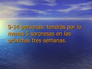 9-14 personas: tendrás por lo menos 5 sorpresas en las próximas tres semanas. 